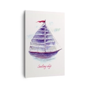Obraz na płótnie - Akwarelowy obraz żaglówki na wodzie z delikatnym napisem - 80x120cm - Pełnych żagli i spokojnej wody - Nowoczesna dekoracja ścienna do salonu i sypialni ARTTOR