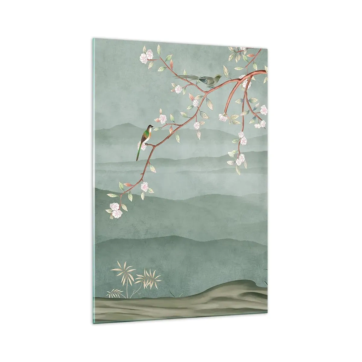 Obraz na szkle - Malowniczy obraz gałęzi kwitnącego drzewa z ptakami na tle zielonych wzgórz - 70x100cm - Wiosna, ach, to ty - Nowoczesna dekoracja ścienna do salonu i sypialni ARTTOR