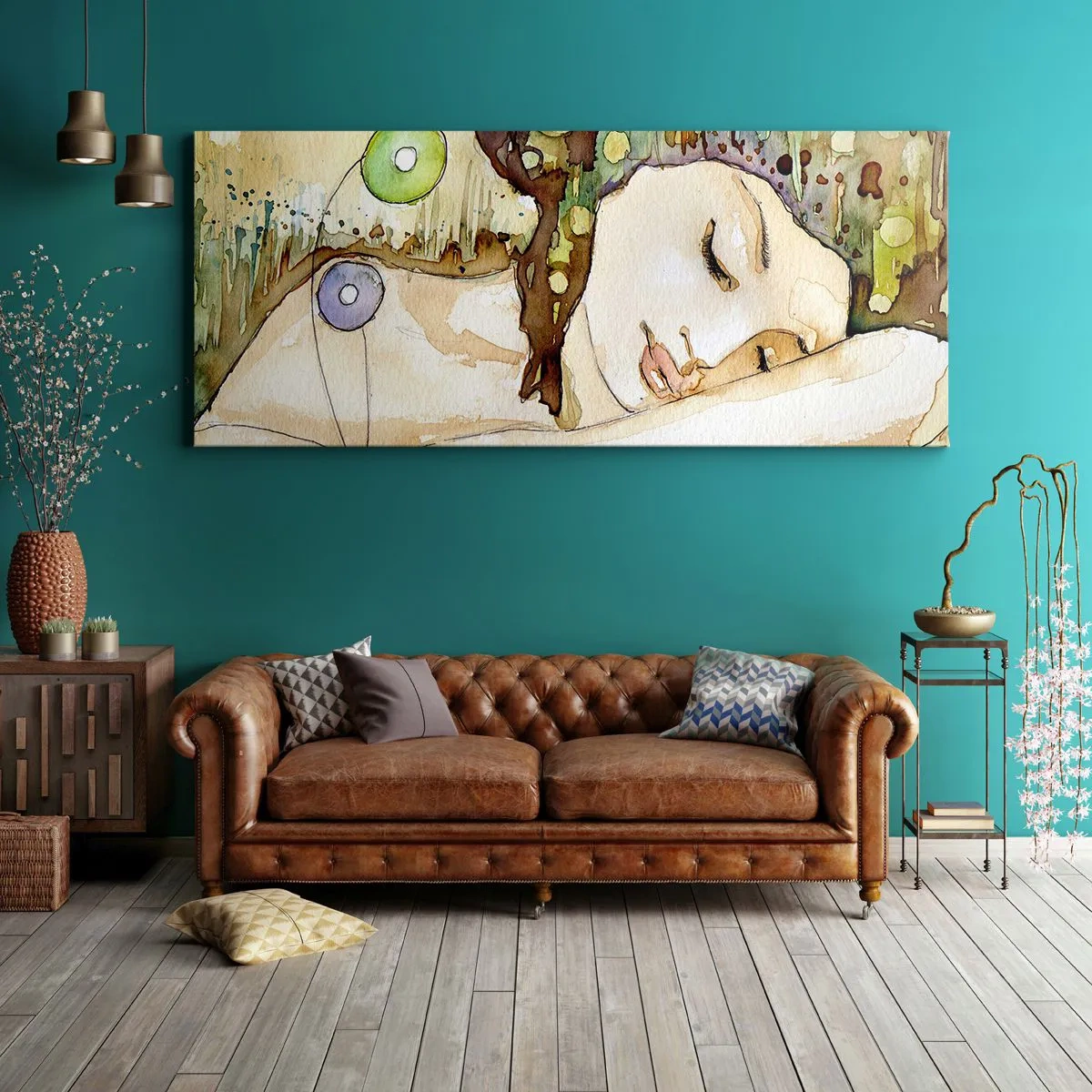 Obraz na płótnie - Kobieta śniąca w otoczeniu abstrakcyjnych kształtów i barw - 140x50cm - Szmaragdowo-fiołkowy sen - Nowoczesna dekoracja ścienna do salonu i sypialni ARTTOR