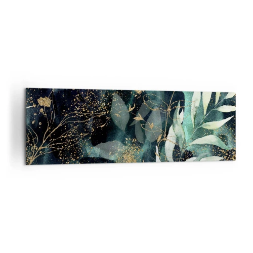 Obraz na płótnie - Eleganckie liście na ciemnym tle z złotymi akcentami - 160x50cm - Zaczarowany ogród - Nowoczesna dekoracja ścienna do salonu i sypialni ARTTOR