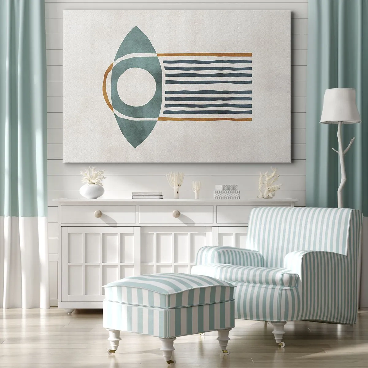 Obraz na płótnie - Geometryczny wzór w odcieniach zieleni i pomarańczu - 70x50cm - Znaki i rytuały - Nowoczesna dekoracja ścienna do salonu i sypialni ARTTOR