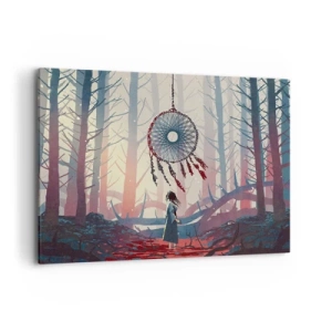 Obraz na płótnie - Leśna scena z wielkim łapaczem snów - 100x70cm - Tajemny rytuał szczęścia - Nowoczesna dekoracja ścienna do salonu, kuchni i sypialni ARTTOR
