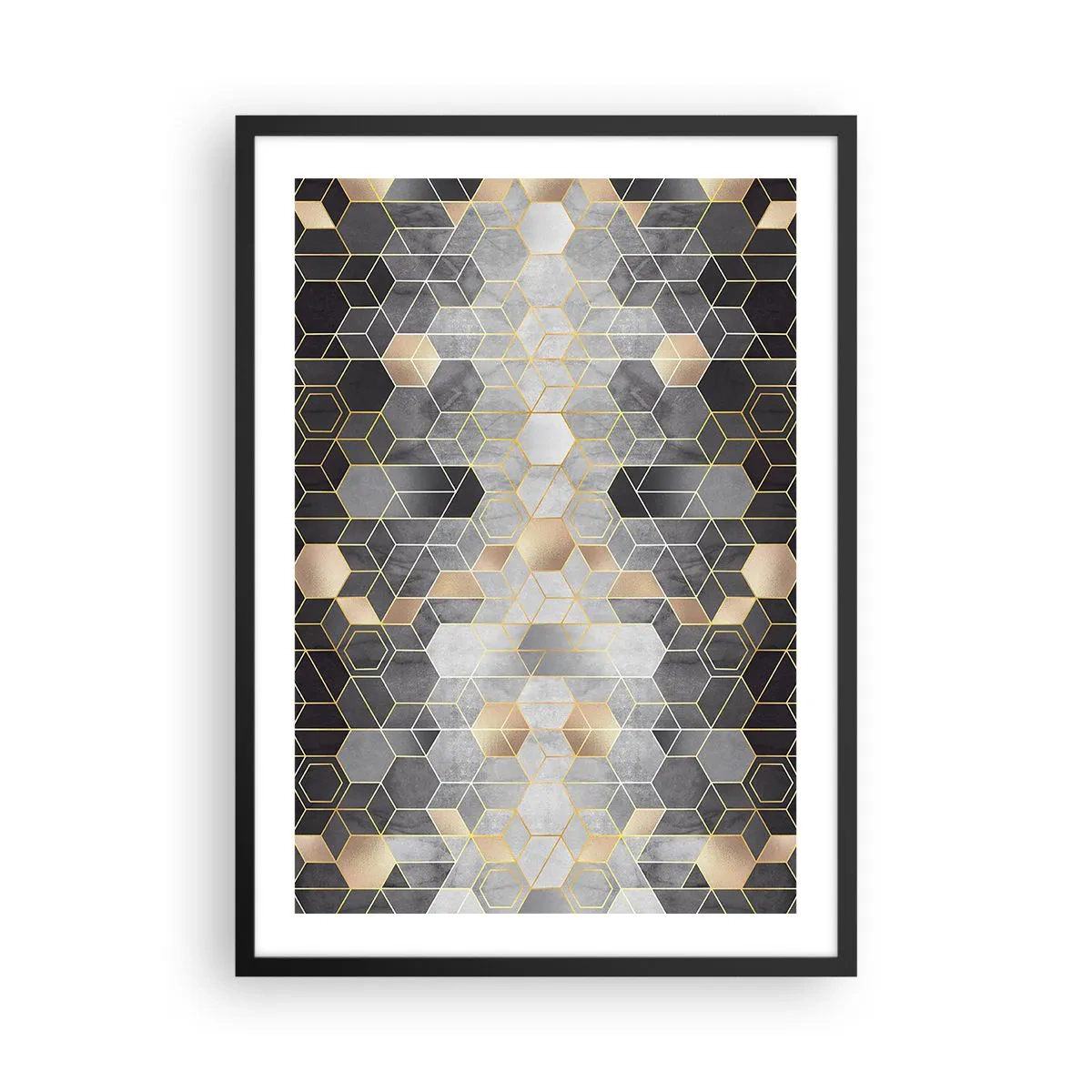 Plakat w czarnej ramie - Geometryczny wzór z heksagonami w odcieniach złota i szarości - 50x70cm - Diamentowa kompozycja - Nowoczesna dekoracja ścienna do salonu i sypialni ARTTOR