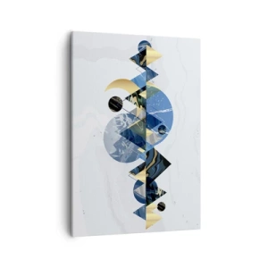 Obraz na płótnie - Abstrakcyjna kompozycja geometryczna z elementami pejzażu w odcieniach niebieskiego i złota - 50x70cm - Pejzaż geometryczny - Nowoczesna dekoracja ścienna do salonu, kuchni i sypialni ARTTOR