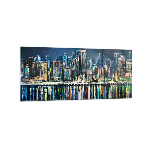 Obraz na szkle - Panorama nocnego miasta odbijająca się w wodzie - 120x50cm - Kaskada swiateł - Nowoczesna dekoracja ścienna do salonu i sypialni ARTTOR