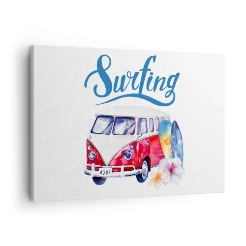 Obraz na płótnie - Kolorowa grafika z busem i motywem surfingu - 70x50cm - Ogórek - klasyk dla surfera - Nowoczesna dekoracja ścienna do salonu i sypialni ARTTOR