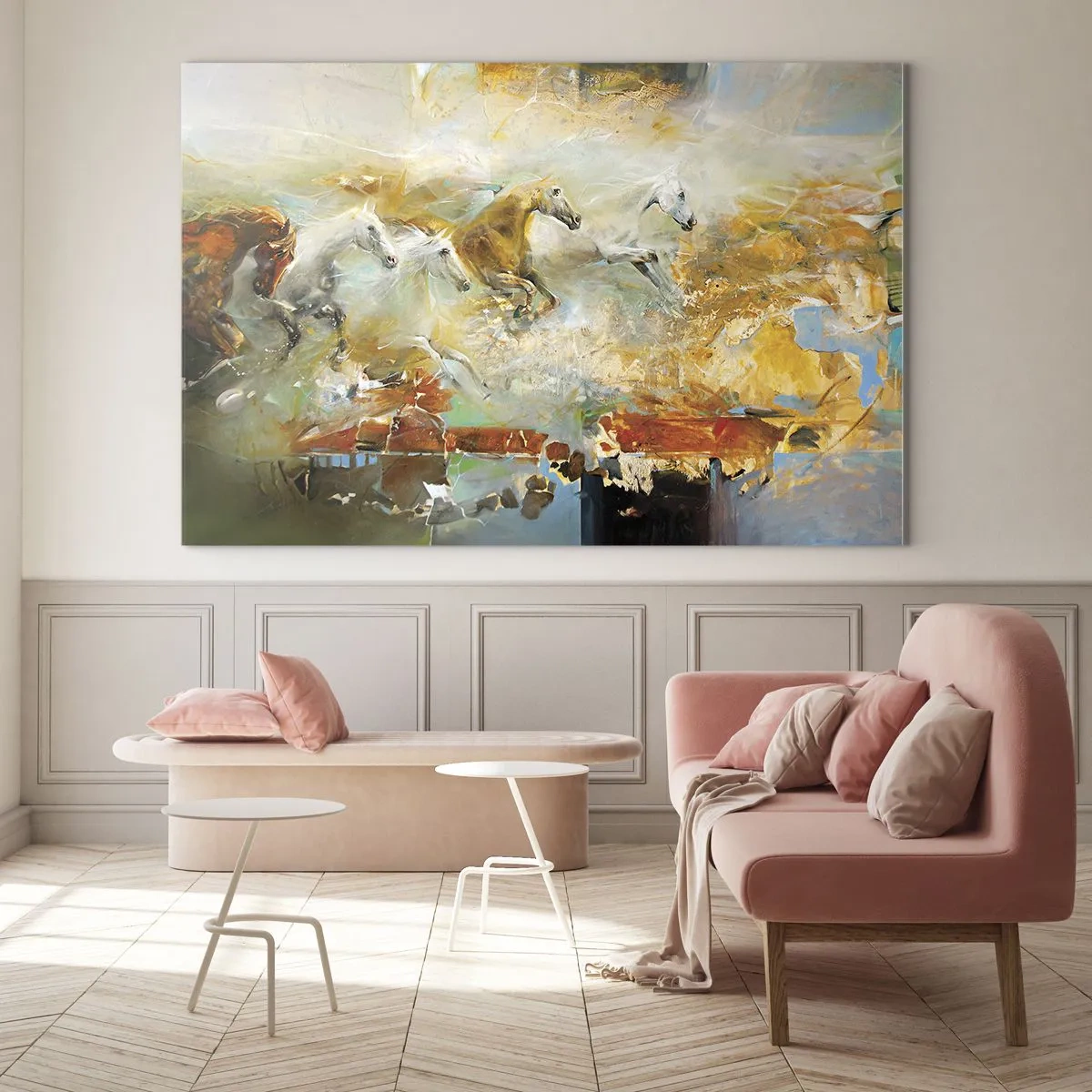 Obraz na szkle - Abstrakcyjne konie w dynamicznym ruchu - 70x50cm - Galopem przez światło - Nowoczesna dekoracja ścienna do salonu i sypialni ARTTOR