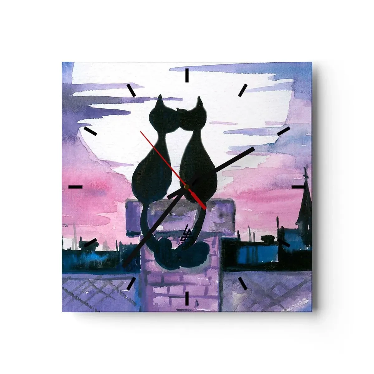 Zegar ścienny - Czarne koty na dachu w świetle księżyca w akwarelowej scenerii - 30x30cm - Rendez-vous pod księżycem - Nowoczesna dekoracja ścienna do salonu i sypialni ARTTOR