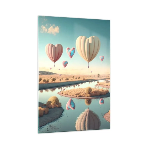Obraz na szkle - Balony w kształcie serc unoszące się nad krajobrazem - 70x100cm - Miłość pozwala wznieść się - Nowoczesna dekoracja ścienna do salonu i sypialni ARTTOR