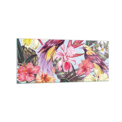 Obraz na szkle - Egzotyczne ptaki wśród tropikalnych kwiatów - 120x50cm - Płatki i piórka - Nowoczesna dekoracja ścienna do salonu i sypialni ARTTOR