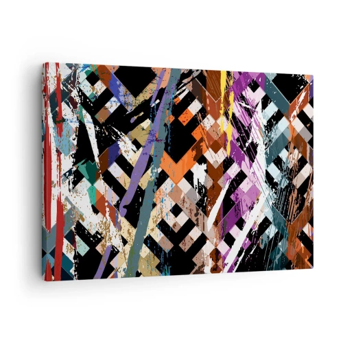 Obraz na płótnie - Abstrakcyjna kompozycja z kolorowymi liniami na czarnym tle - 70x50cm - Podniesione do kwadratu - Nowoczesna dekoracja ścienna do salonu i sypialni ARTTOR