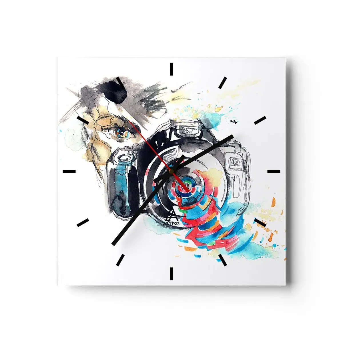 Zegar ścienny - Akwarela aparatu fotograficznego z kolorowymi detalami - 30x30cm - W oku obiektywu - Nowoczesna dekoracja ścienna do salonu i sypialni ARTTOR
