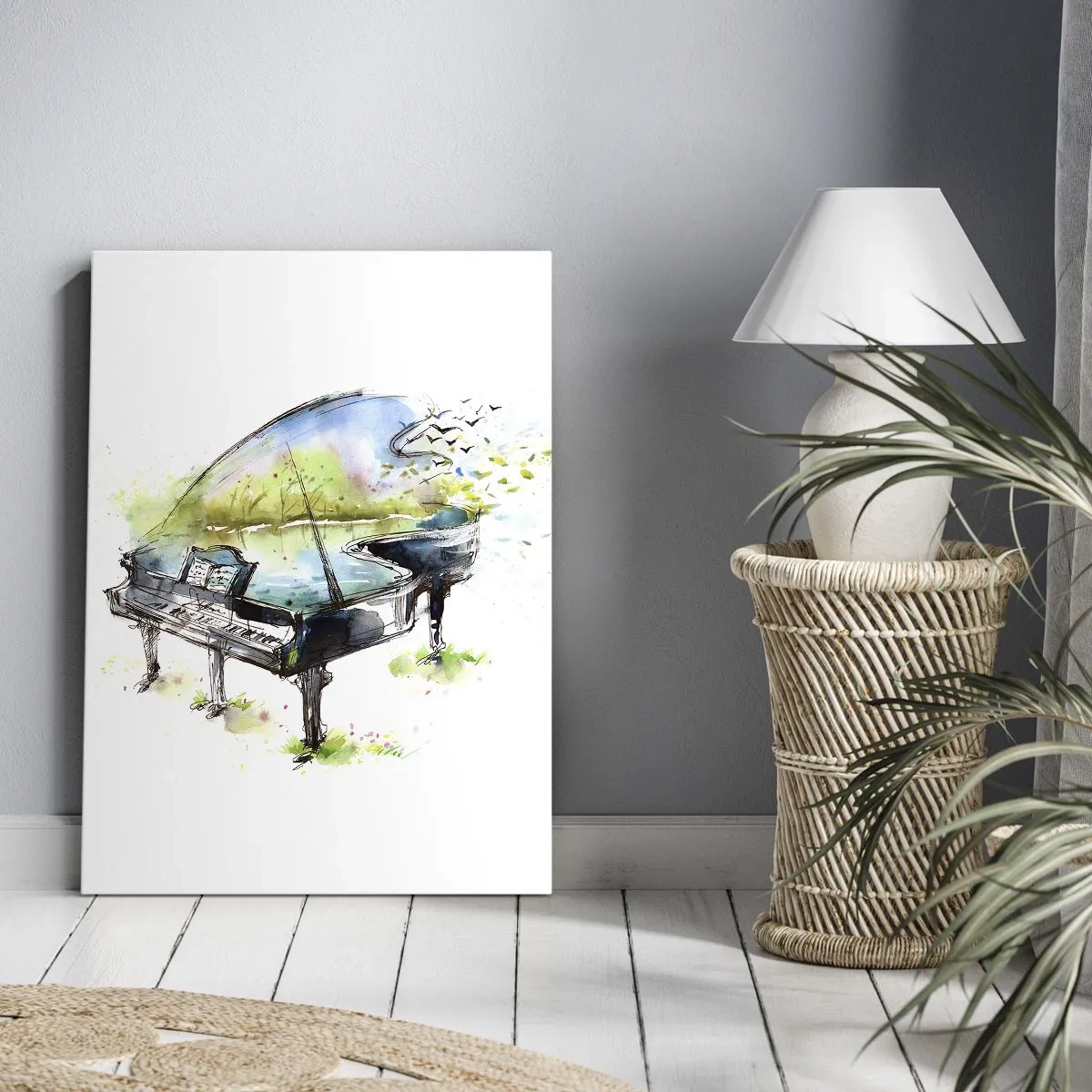Obraz na płótnie - Akwarelowy fortepian z krajobrazem i odlatującymi ptakami - 50x70cm - Zaklęte w muzyce - Nowoczesna dekoracja ścienna do salonu, kuchni i sypialni ARTTOR