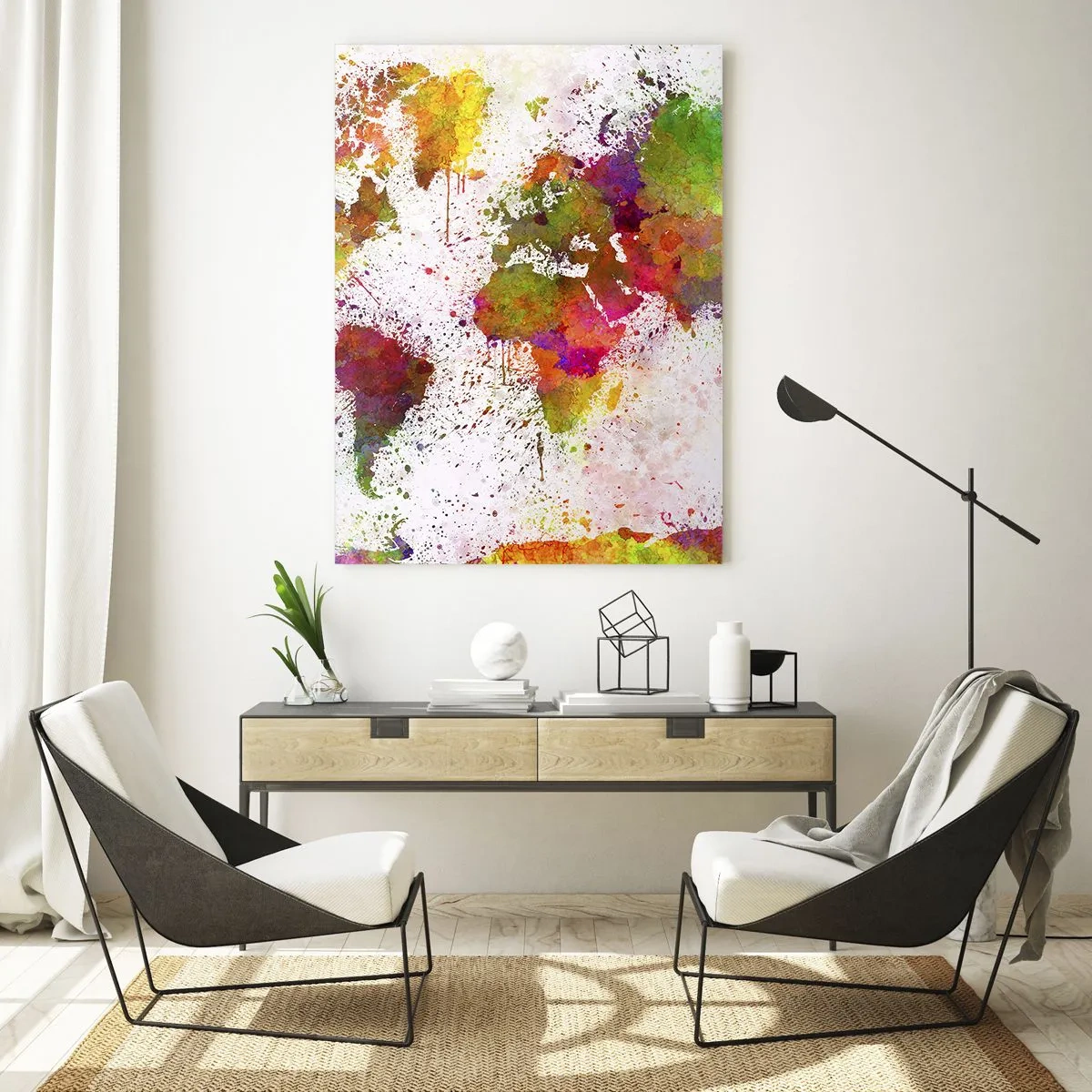 Obraz na szkle - Mapa świata w artystycznym stylu z kolorowymi plamami farby - 50x70cm - Jakoś tak samo wyszło - Nowoczesna dekoracja ścienna do salonu, kuchni i sypialni ARTTOR