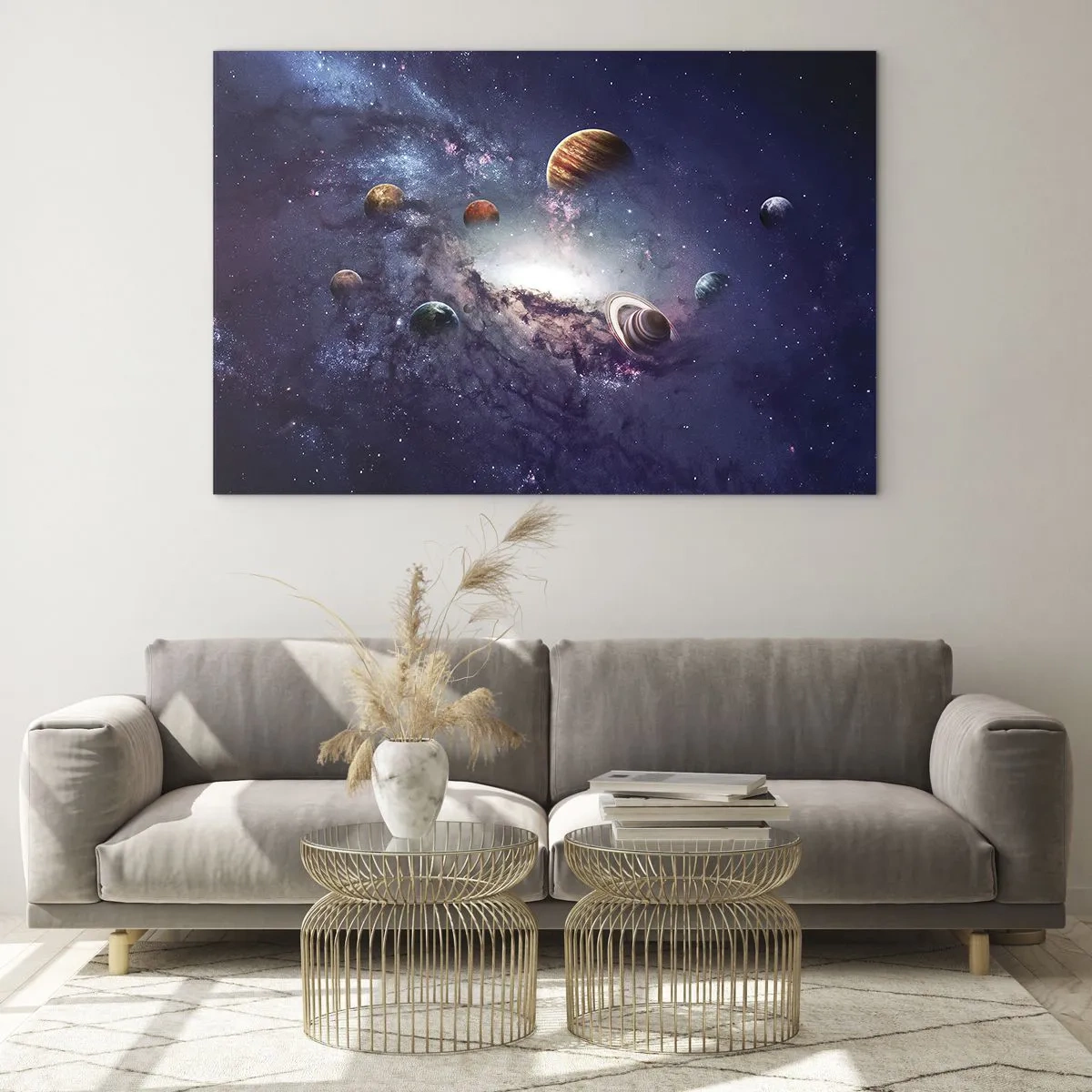 Obraz na szkle - Fantazyjna wizja planet wirujących w kosmosie - 120x80cm - Układ słoneczno-taneczny - Nowoczesna dekoracja ścienna do salonu, kuchni i sypialni ARTTOR