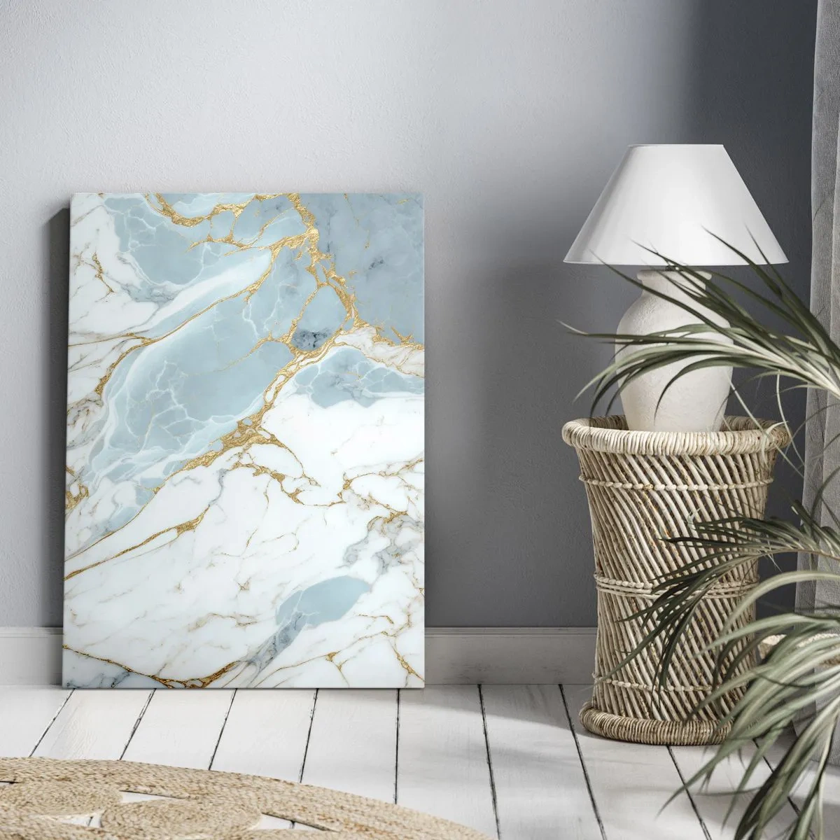 Obraz na płótnie - Elegancki wzór marmuru w odcieniach błękitu i złota - 50x70cm - Bogactwo kamienia - Nowoczesna dekoracja ścienna do salonu, kuchni i sypialni ARTTOR