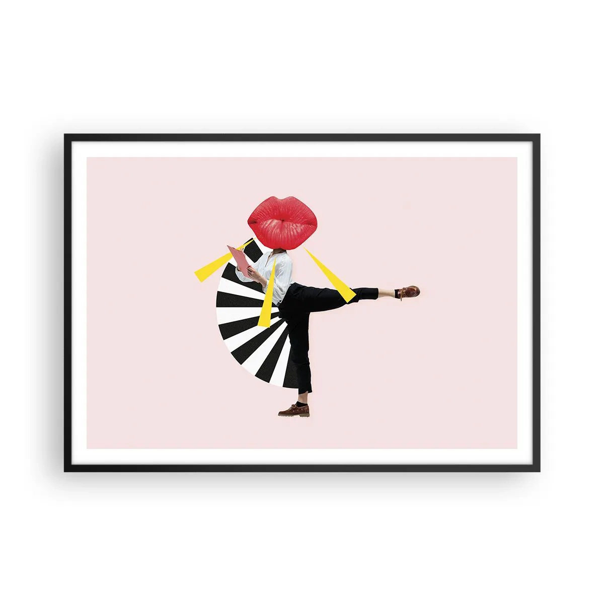 Plakat w czarnej ramie - Surrealistyczna postać z ustami i geometrycznymi elementami - 100x70cm - Surrealistyczny pop-art - Nowoczesna dekoracja ścienna do salonu i sypialni ARTTOR