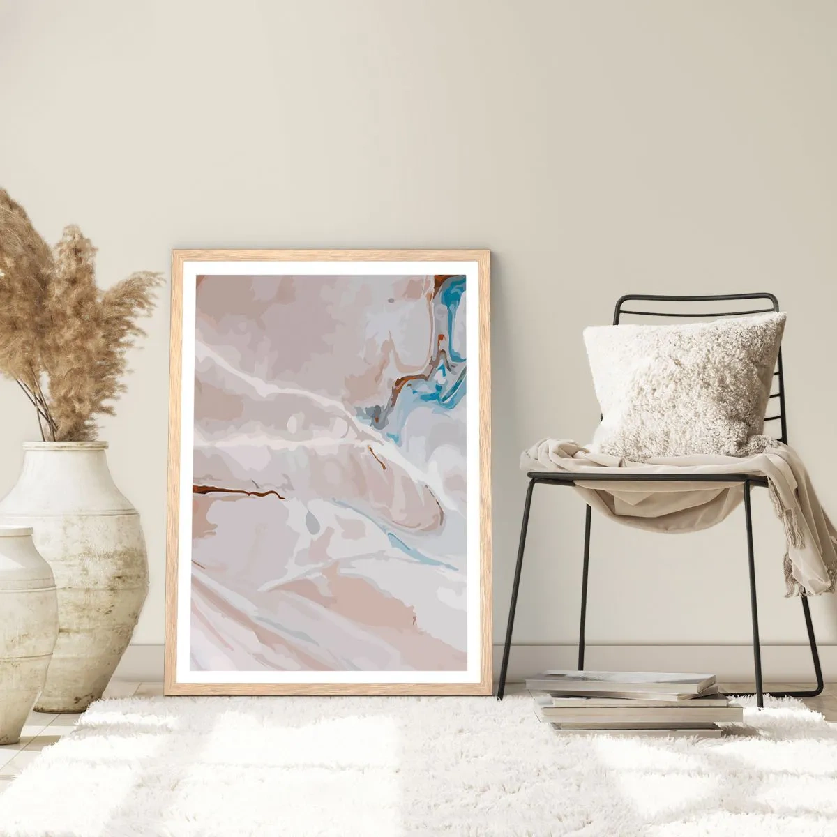 Plakat w ramie jasny dąb - Błękitne meandry pod bielą - 70x100 cm