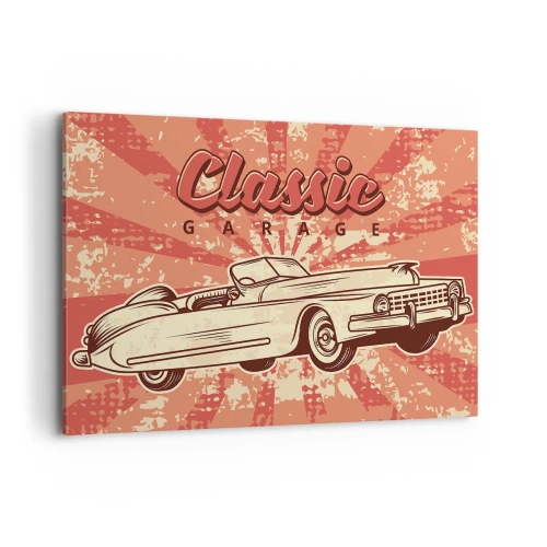 Obraz na płótnie - Retro plakat z klasycznym samochodem i napisem Classic Garage - 100x70cm - A w radiu Elvis - Nowoczesna dekoracja ścienna do salonu, kuchni i sypialni ARTTOR