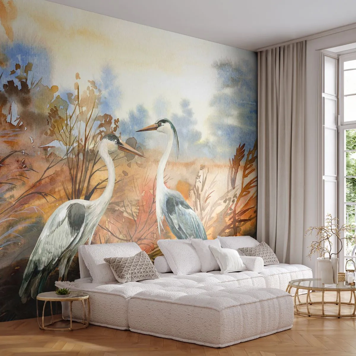 Fototapeta Premium Sand - Dwa czaple w jesiennej scenerii namalowanej akwarelą - 100x70cm - Dokąd jesienią? - Nowoczesna dekoracja ścienna do salonu, kuchni i sypialni ARTTOR