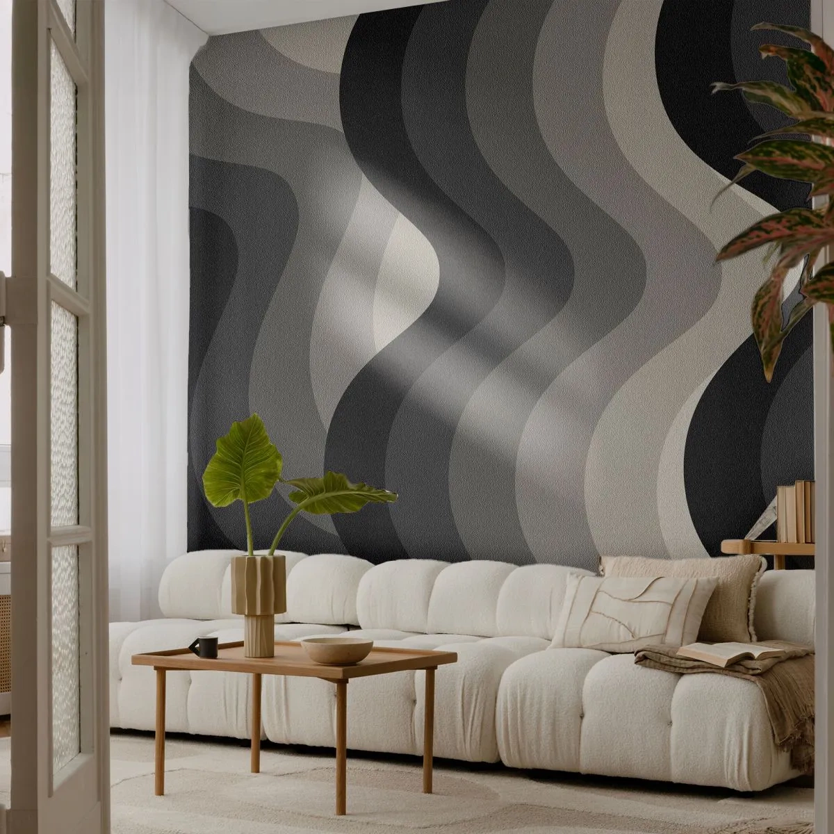 Fototapeta Standard Eco - Faliste pasy w odcieniach szarości tworzące geometryczny rytm - 100x70cm - Fala za falą - Nowoczesna dekoracja ścienna do salonu i sypialni ARTTOR