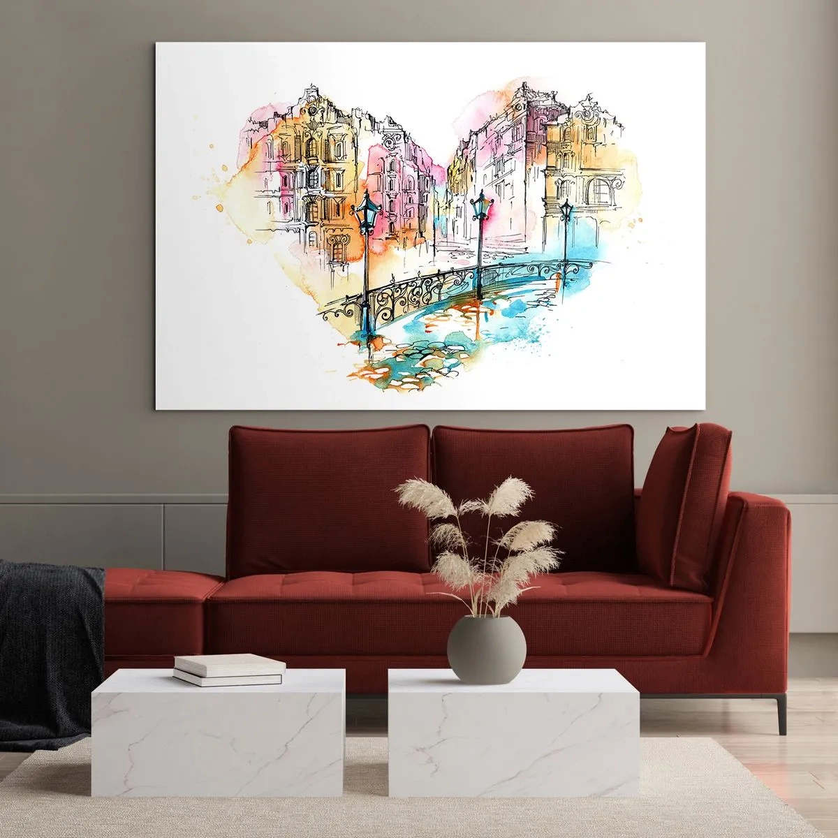 Obraz na szkle - Romantyczne kamienice z mostem w kształcie serca, akwarela - 100x70cm - Serce miasta - Nowoczesna dekoracja ścienna do salonu, kuchni i sypialni ARTTOR