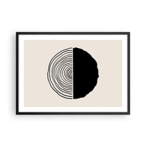Plakat w czarnej ramie - Abstrakcyjny czarno-biały motyw inspirowany przekrojem drewna z geometrycznym podziałem - 70x50cm - Pół na pół - Nowoczesna dekoracja ścienna do salonu i sypialni ARTTOR