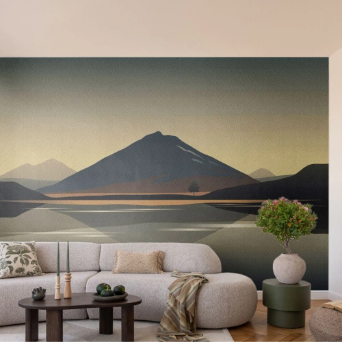 Fototapeta Premium Sand - Minimalistyczny krajobraz górski z odbiciem w wodzie - 100x70cm - Lustrzane odbicie - Nowoczesna dekoracja ścienna do salonu, kuchni i sypialni ARTTOR