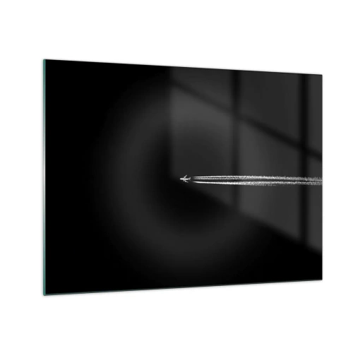 Obraz na szkle - Samolot odrzutowy na czarnym tle z smugą kondensacyjną - 70x50cm - W inny wymiar - Nowoczesna dekoracja ścienna do salonu i sypialni ARTTOR