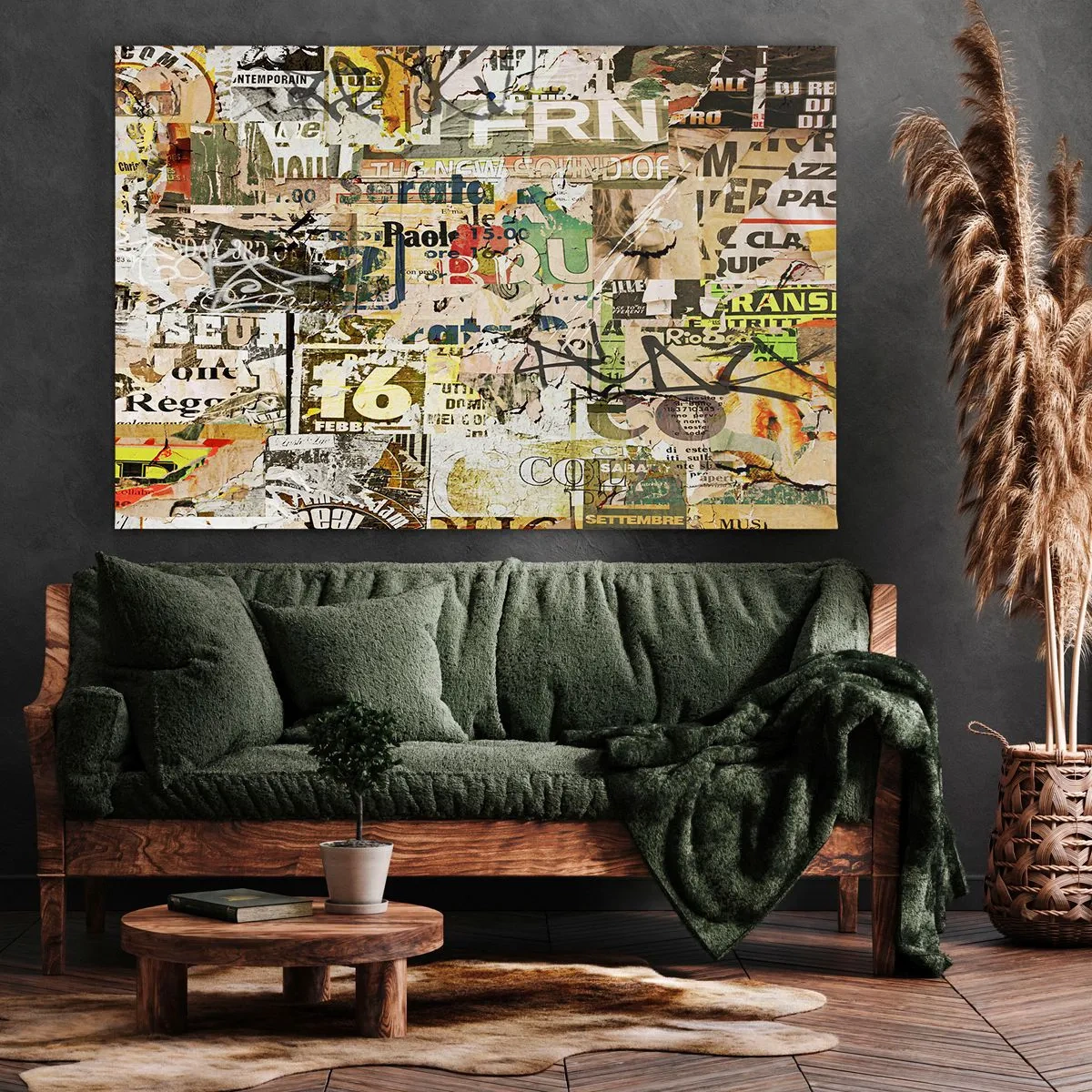 Obraz na płótnie - Kolaż z fragmentami gazet i plakatów w artystycznym stylu - 70x50cm - Oj, dzieje się… - Nowoczesna dekoracja ścienna do salonu i sypialni ARTTOR
