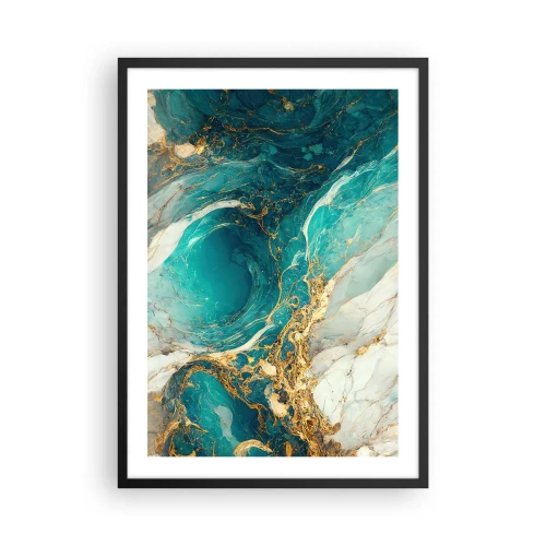 Plakat w czarnej ramie - Turkusowa abstrakcja z akcentami złota - 50x70cm - Kompozycja z żyłami złota - Nowoczesna dekoracja ścienna do salonu i sypialni ARTTOR