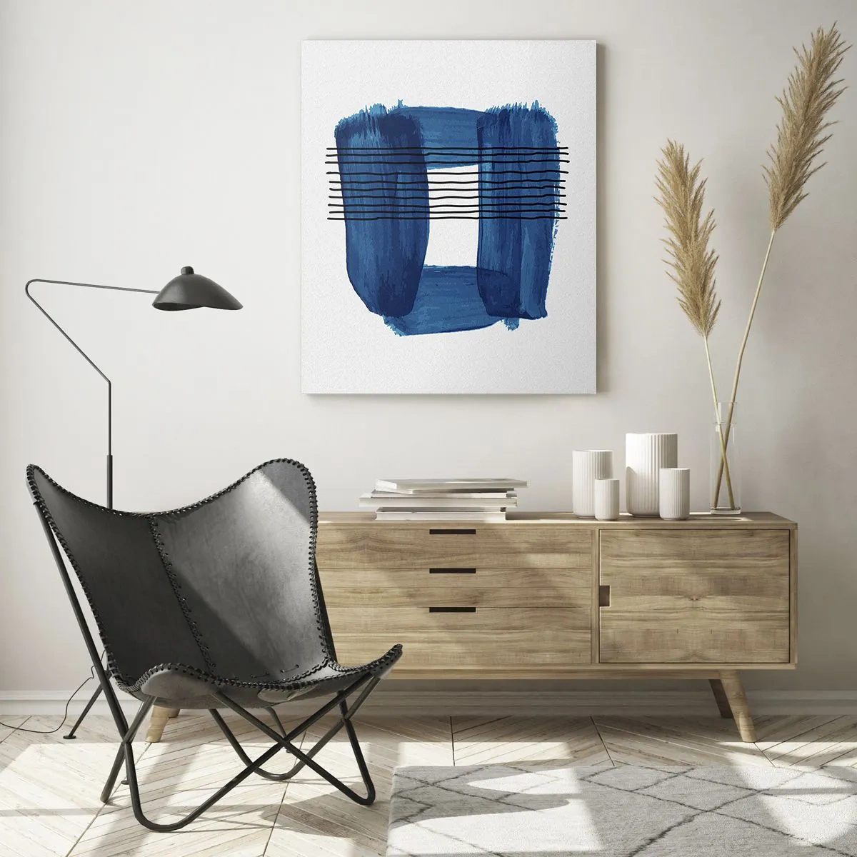 Obraz na szkle - Abstrakcyjny wzór w odcieniach błękitu z czarnymi liniami - 70x100cm - Niebiesko-czarna kompozycja - Nowoczesna dekoracja ścienna do salonu i sypialni ARTTOR