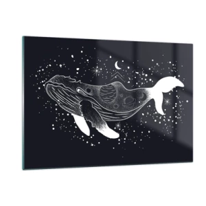 Obraz na szkle - Graficzna biała sylwetka wieloryba unoszącego się w kosmosie - 120x80cm - W oceanie wszechświata - Nowoczesna dekoracja ścienna do salonu, kuchni i sypialni ARTTOR