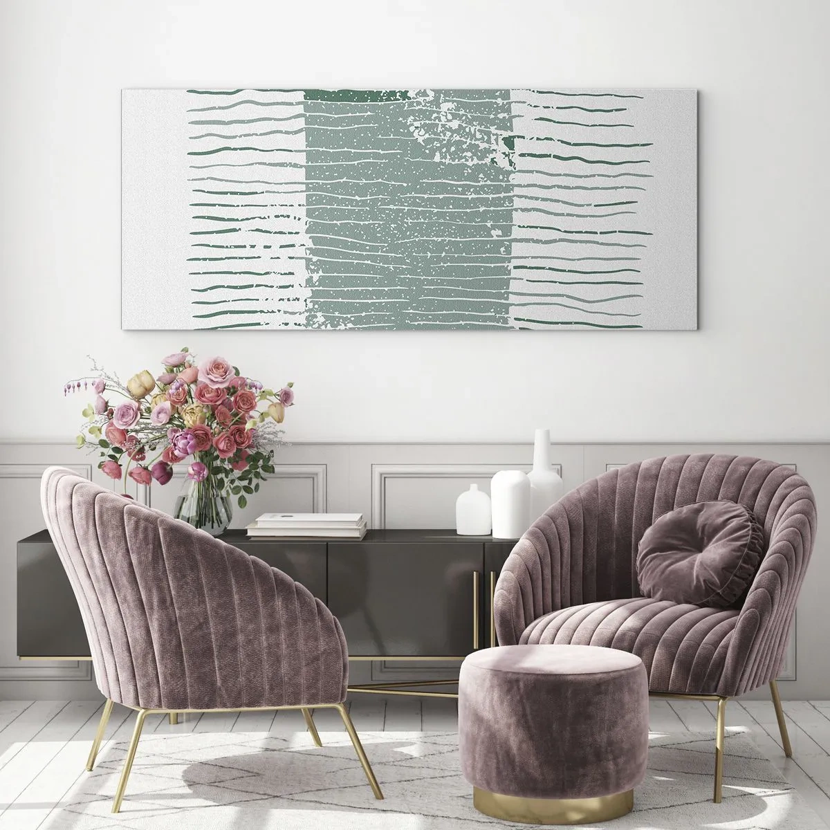 Obraz na szkle - Geometryczny wzór w odcieniach morskiej zieleni i bieli - 160x50cm - Abstrakcja morska - Nowoczesna dekoracja ścienna do salonu i sypialni ARTTOR