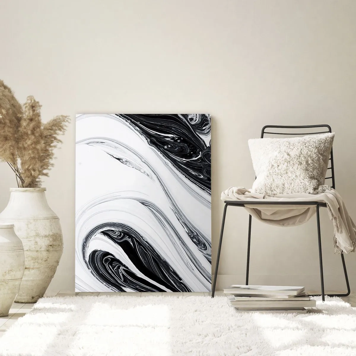Obraz na szkle - Czarno-białe wirujące linie przypominające marmur w abstrakcyjnym stylu - 50x70cm - Połączenie przeciwieństw - Nowoczesna dekoracja ścienna do salonu, kuchni i sypialni ARTTOR