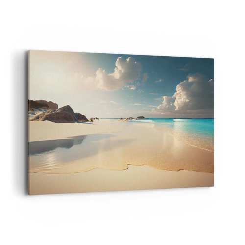 Obraz na płótnie - Słoneczna plaża z błękitnym morzem i skałami - 100x70cm - Wymarzony dzień - Nowoczesna dekoracja ścienna do salonu, kuchni i sypialni ARTTOR