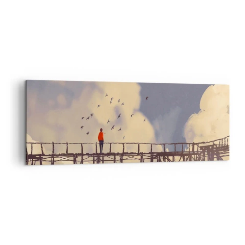 Obraz na płótnie - Postać na moście wśród chmur z ptakami na tle nieba - 140x50cm - Niebieska tęsknota - Nowoczesna dekoracja ścienna do salonu i sypialni ARTTOR