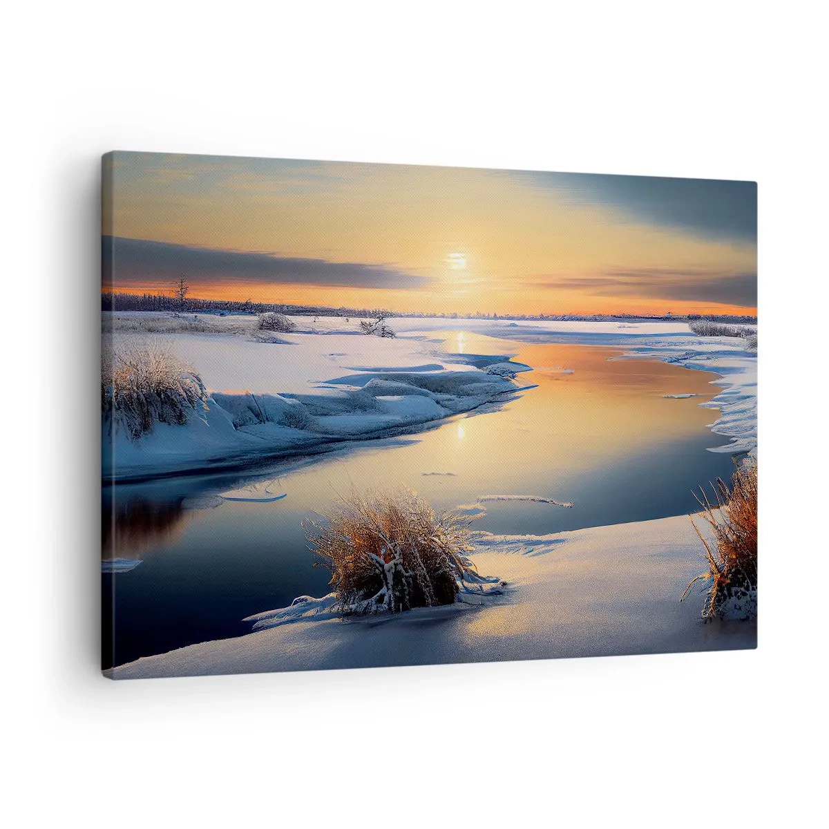 Obraz na płótnie - Zimowy krajobraz z rzeką o zachodzie słońca - 70x50cm - Zimowy zachód słońca - Nowoczesna dekoracja ścienna do salonu i sypialni ARTTOR