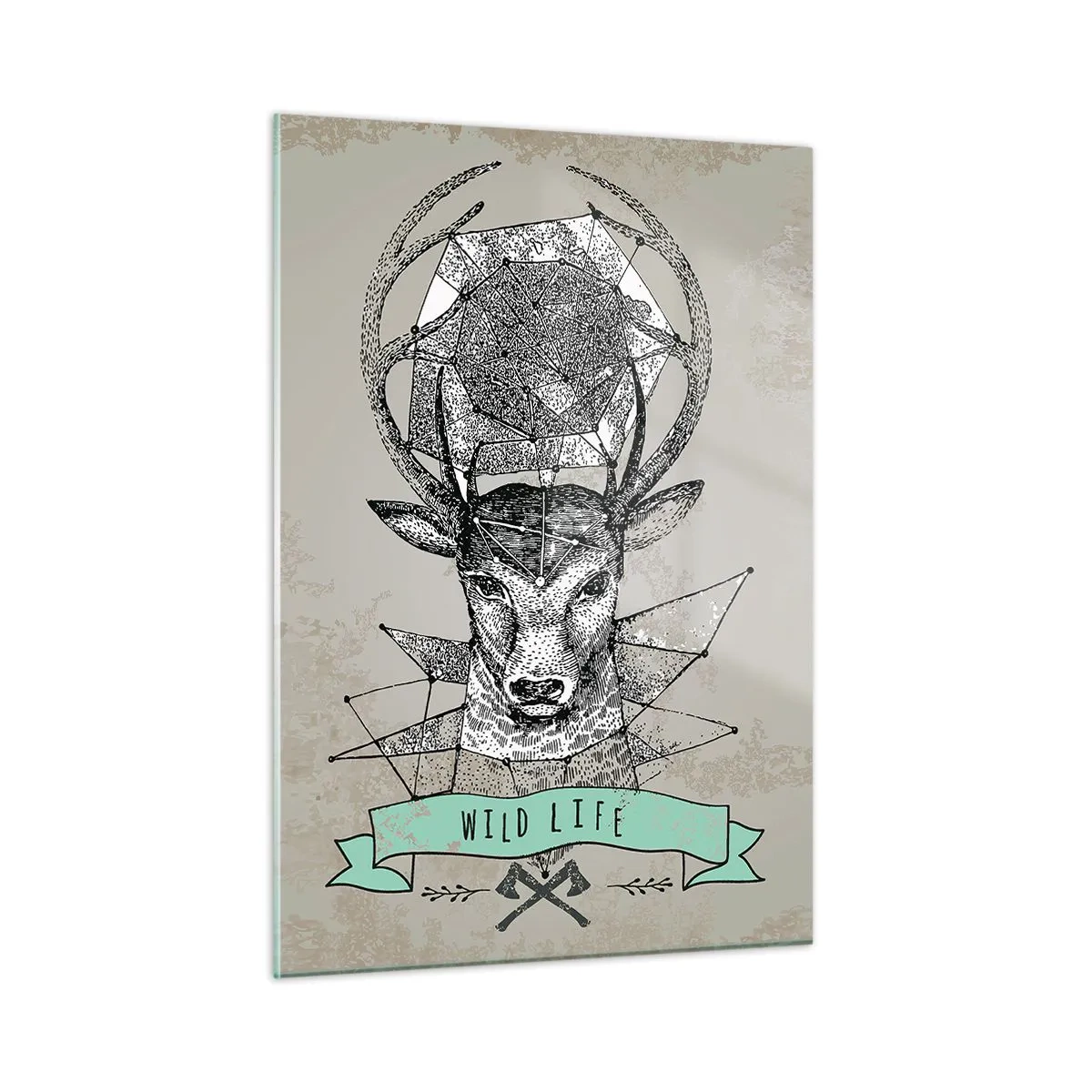 Obraz na szkle - Geometriczny rysunek jelenia z napisem Wild Life - 50x70cm - Widzenie św. Hubertusa - Nowoczesna dekoracja ścienna do salonu, kuchni i sypialni ARTTOR
