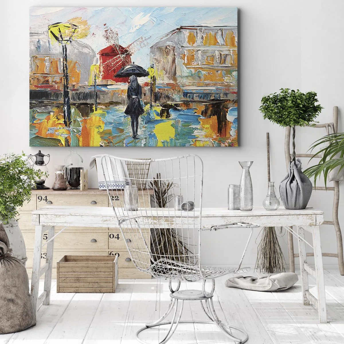 Obraz na płótnie - Malownicza scena z parasolem na tle Paryża w żywych kolorach - 70x50cm - Paryskie legendy - Nowoczesna dekoracja ścienna do salonu i sypialni ARTTOR