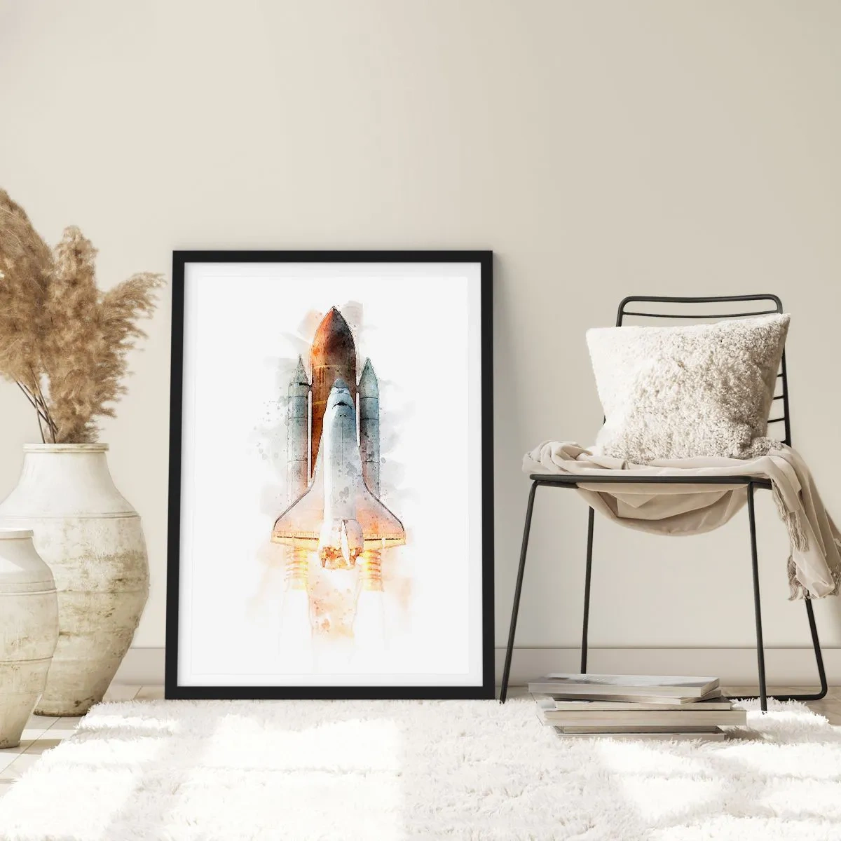 Plakat w czarnej ramie - Startujący wahadłowiec kosmiczny w stylu akwarelowym - 50x70cm - Odkrywcy na start - Nowoczesna dekoracja ścienna do salonu i sypialni ARTTOR