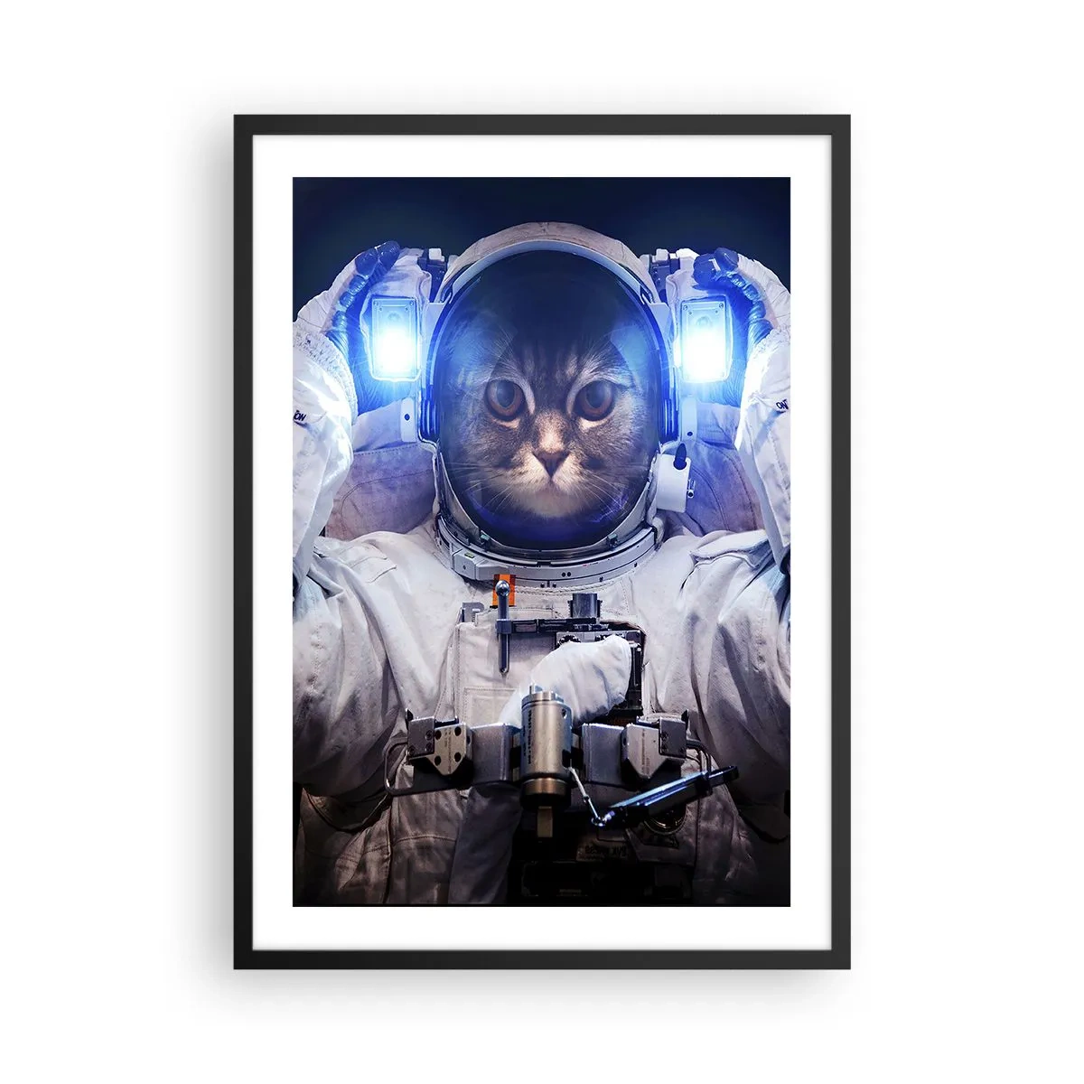 Plakat w czarnej ramie - Kot astronauta w pełnym skafandrze kosmicznym - 50x70cm - Houston, macie problem - Nowoczesna dekoracja ścienna do salonu i sypialni ARTTOR