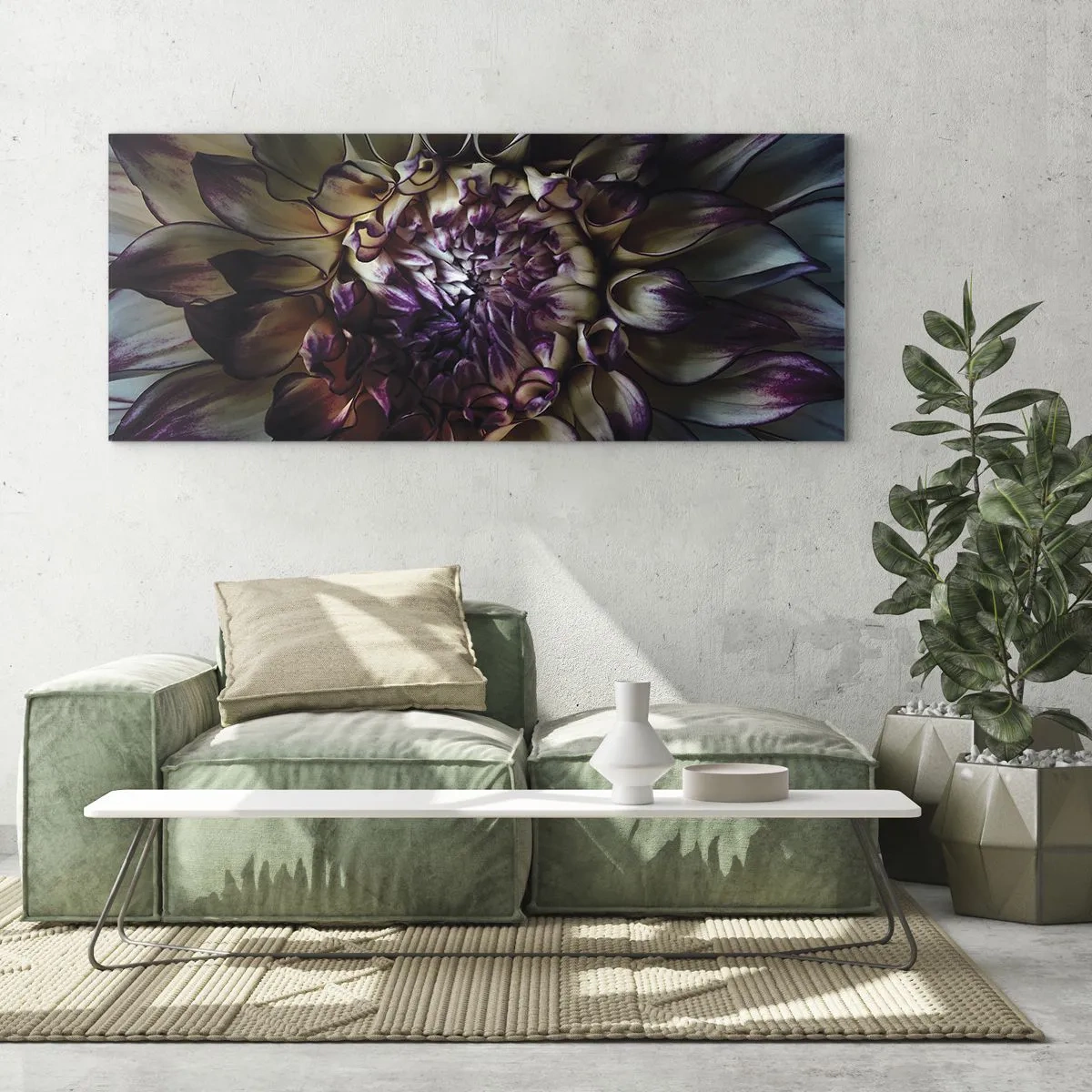 Obraz na szkle - Zbliżenie na kwiat dalii w ciemnych tonach - 120x50cm - Rozkwit młodości - Nowoczesna dekoracja ścienna do salonu i sypialni ARTTOR