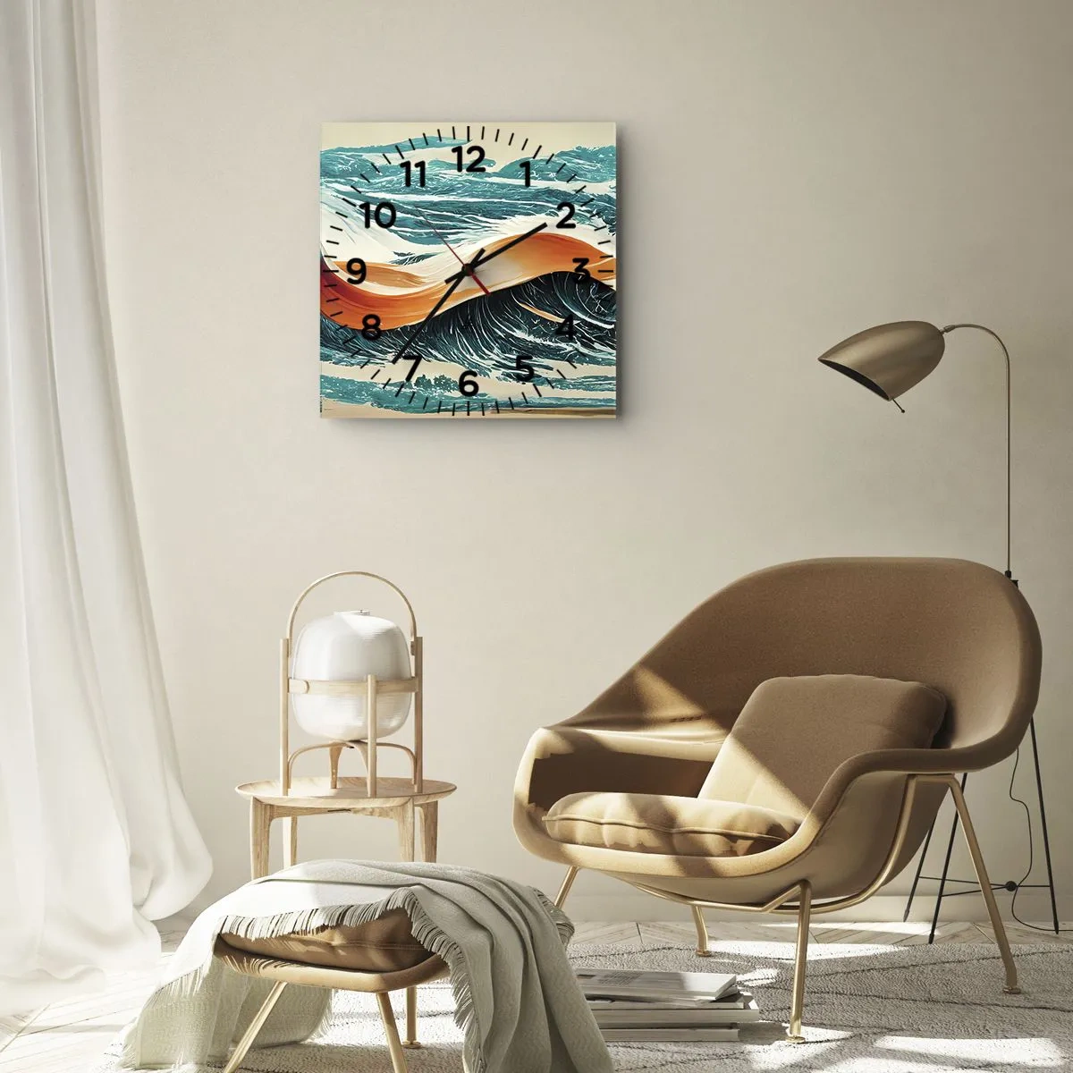 Zegar ścienny - Dynamiczne fale morskie z abstrakcyjną wstęgą - 30x30cm - Sen surfera - Nowoczesna dekoracja ścienna do salonu i sypialni ARTTOR