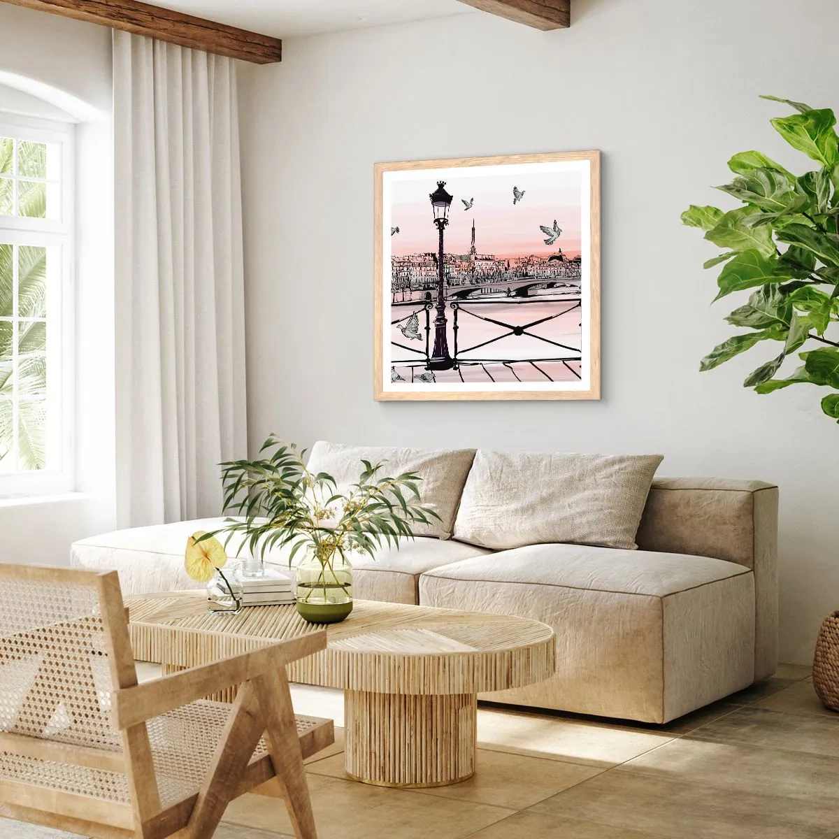 Plakat w ramie jasny dąb - Nad dachami Paryża - 60x60 cm