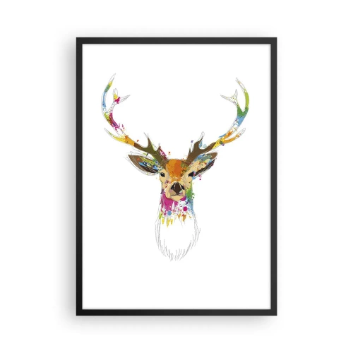 Plakat w czarnej ramie - Kolorowy jeleń w stylu abstrakcyjnym na białym tle - 50x70cm - Łagodny jelonek skąpany w kolorze - Nowoczesna dekoracja ścienna do salonu i sypialni ARTTOR