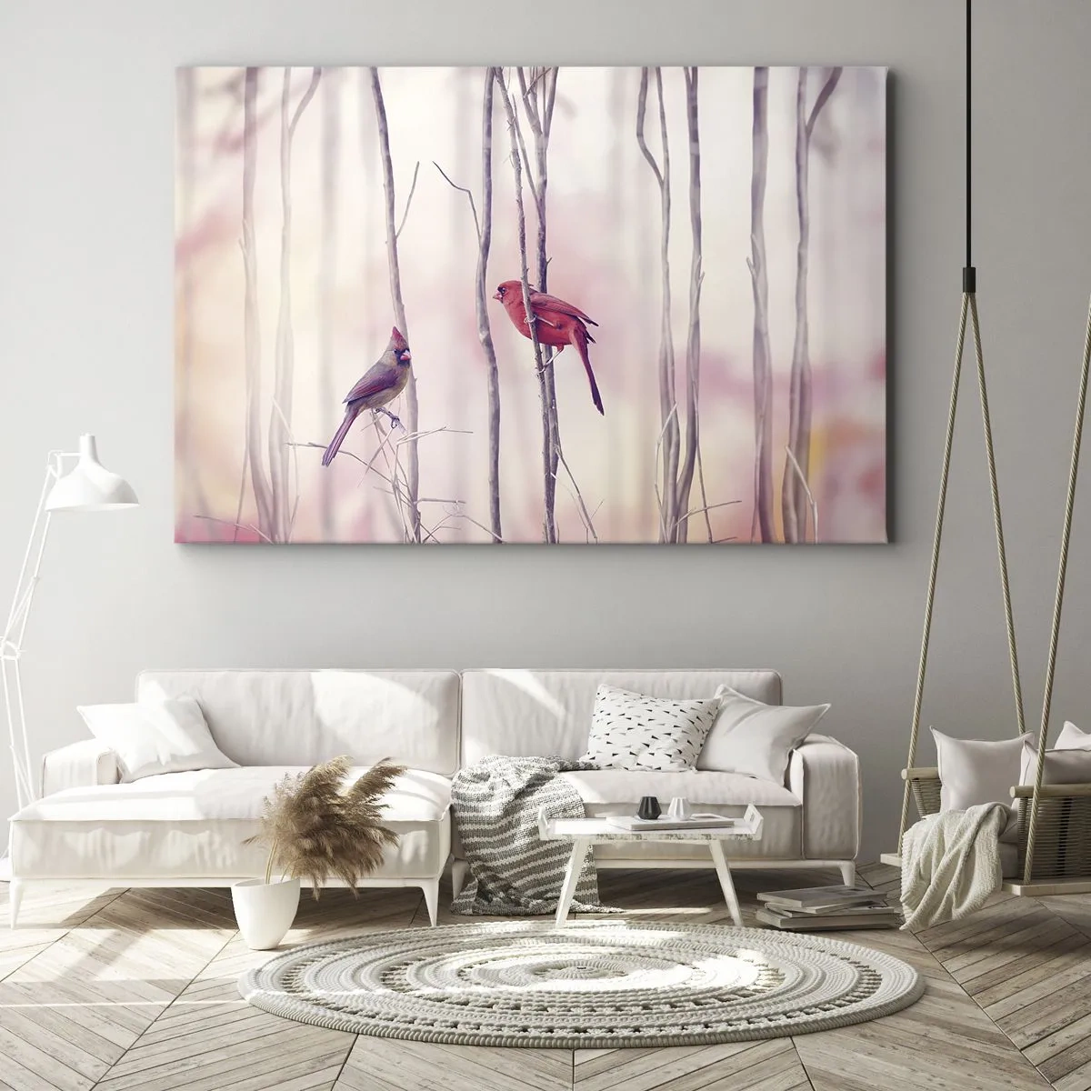 Obraz na płótnie - Para kardynałów na gałęziach w pastelowym krajobrazie - 70x50cm - Opowieść różowego lasu - Nowoczesna dekoracja ścienna do salonu i sypialni ARTTOR