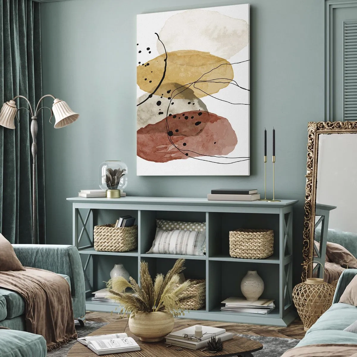Obraz na płótnie - Abstrakcyjna kompozycja kolorowych plam i linii na białym tle - 50x70cm - Jak powietrze lekkie, przejrzyste - Nowoczesna dekoracja ścienna do salonu, kuchni i sypialni ARTTOR