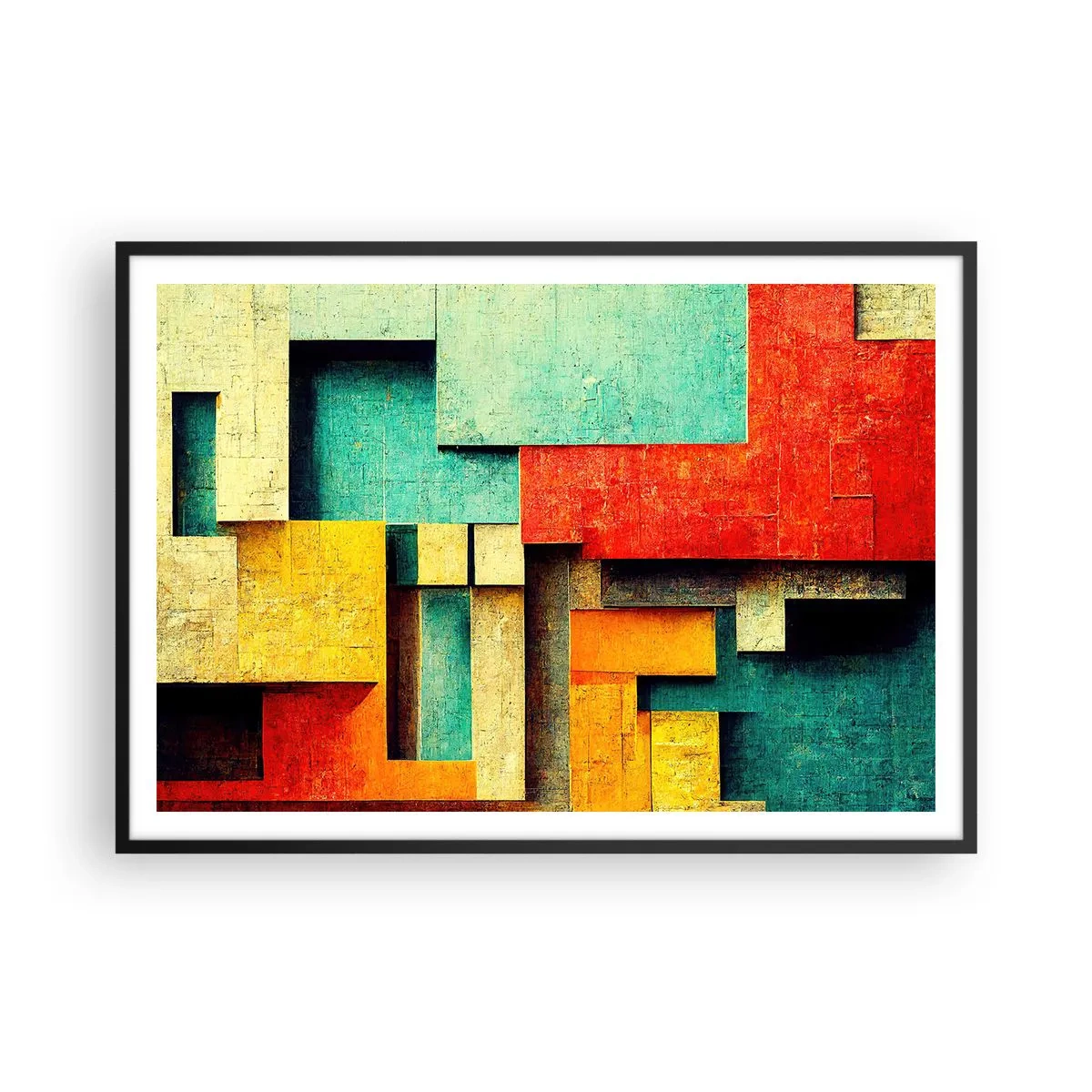 Plakat w czarnej ramie - Abstrakcyjne geometryczne kształty w żywych kolorach - 100x70cm - Festiwal kątów prostych - Nowoczesna dekoracja ścienna do salonu i sypialni ARTTOR