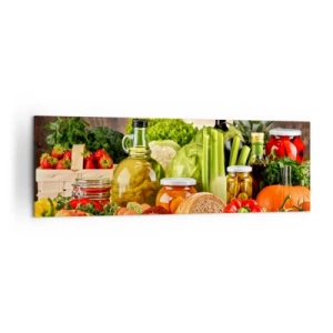 Obraz na płótnie - Kolorowe owoce, warzywa i produkty spożywcze - 160x50cm - Wędzone, pieczone, marynowane - Nowoczesna dekoracja ścienna do salonu i sypialni ARTTOR